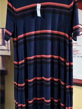 LOFT LT Navy Midi Dress with Coral and Black Stripes NWT